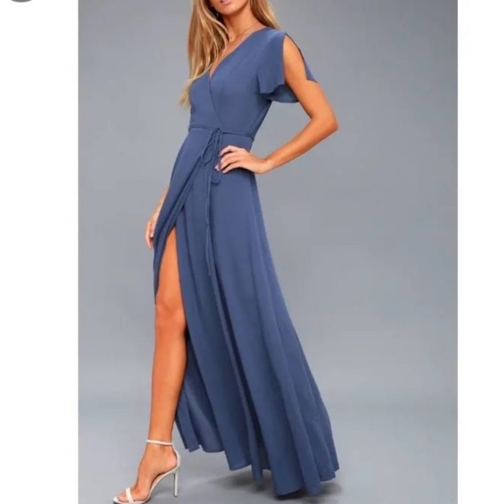 NWT Lulu’s  Blue Wrap Maxi Dress Flowy Beachy Boho Flutter Size Small